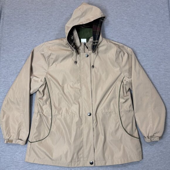 Blair Womens Hooded Jacket Khaki Removeable Plaid Liner Snap Zip Pockets Size L - Picture 7 of 16